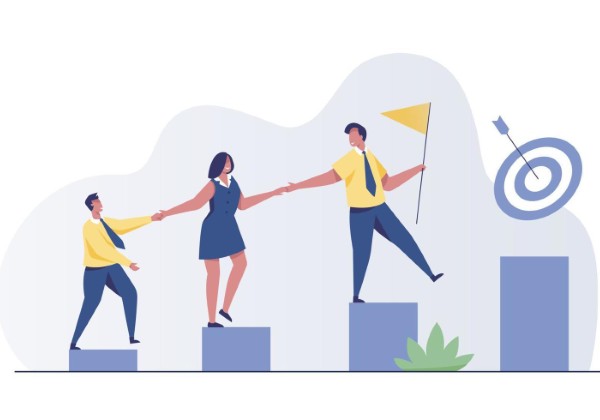 teamwork success team of business people walking up staircase holding hands with raised flag vector Custom